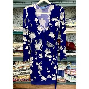 Simply Vera~Vera Wang Long Sleeve V-Neck Blue Purple Floral Wrap Dress Medium